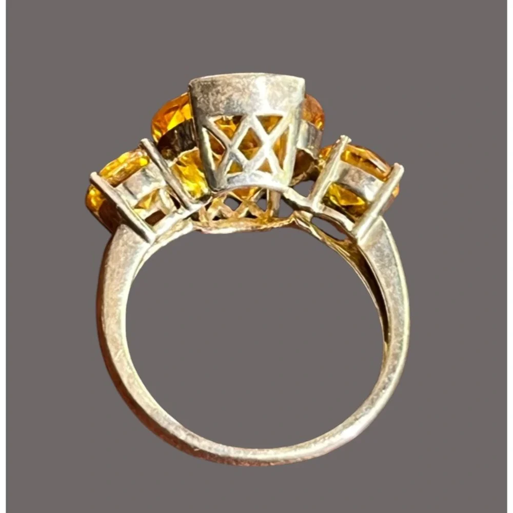 14K GOLD PLATED Sterling Silver Ring ROUND ORANGE CITRINE Three-Stone SIZE  7.5